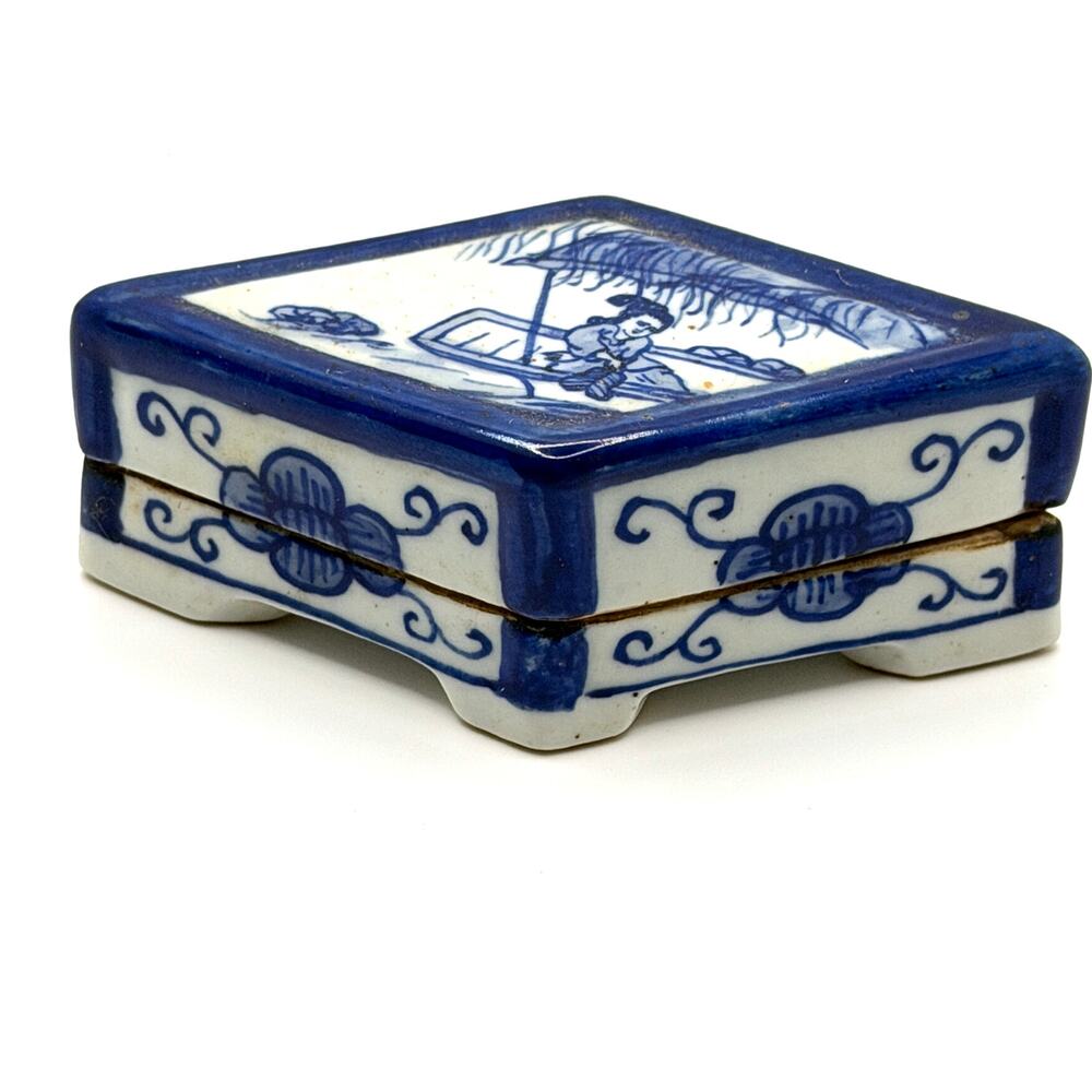 Vintage Late Qing Guangxu Blue White Ceramic Erotic Shunga Lozenge Trinket Box